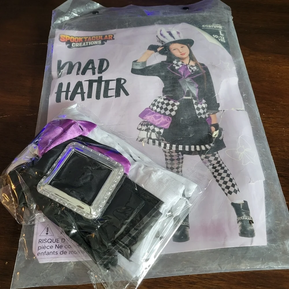 Kids Mad Hatter Costume Deluxe Alice Wonderland Dress Outfit L 10-12 Set